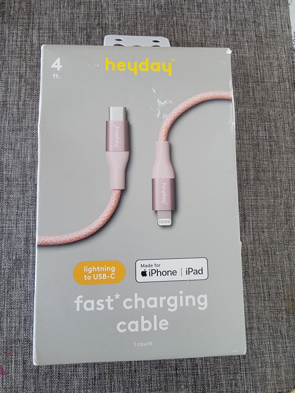 heyday Braided Lightning to USB‑C Fast Charge Cable (4 ft), Rose Gold